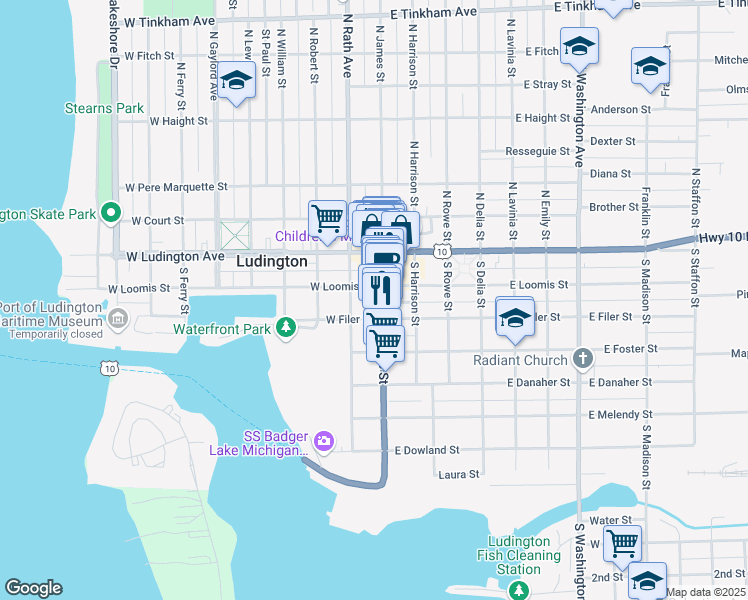 map of restaurants, bars, coffee shops, grocery stores, and more near 204 South James Street in Ludington