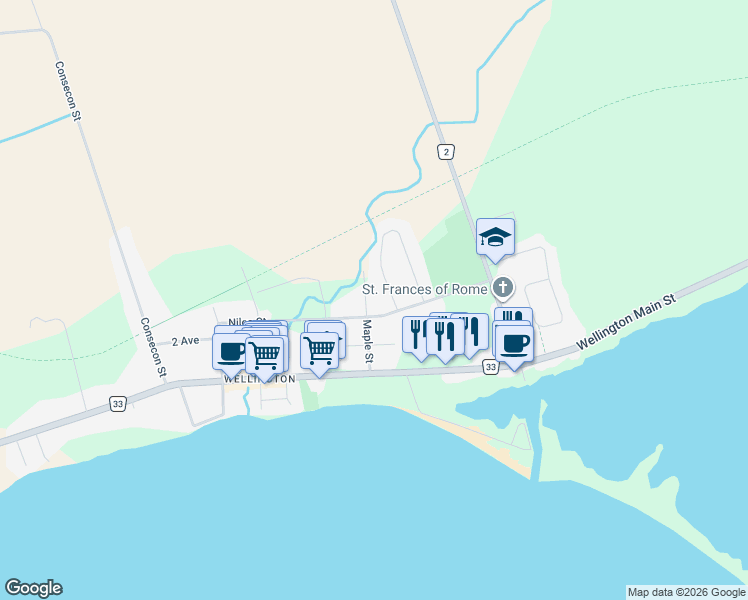 map of restaurants, bars, coffee shops, grocery stores, and more near 59 Maple Street in Prince Edward County