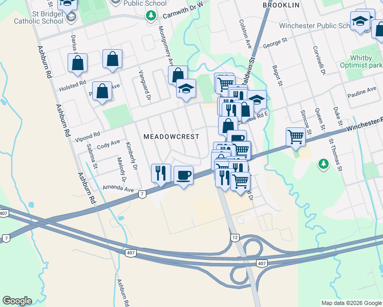 map of restaurants, bars, coffee shops, grocery stores, and more near 14 Heber Down Crescent in Whitby