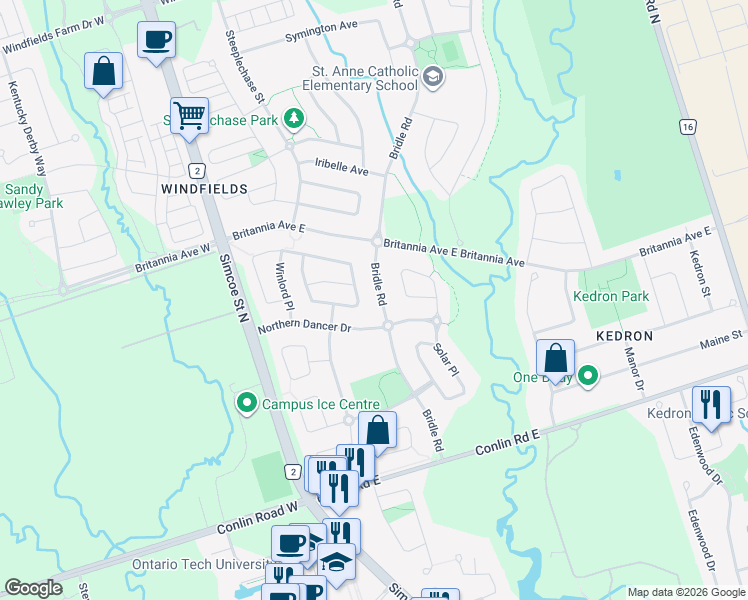 map of restaurants, bars, coffee shops, grocery stores, and more near in Oshawa