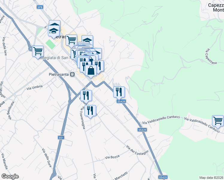 map of restaurants, bars, coffee shops, grocery stores, and more near 102 Via Garibaldi in Pietrasanta
