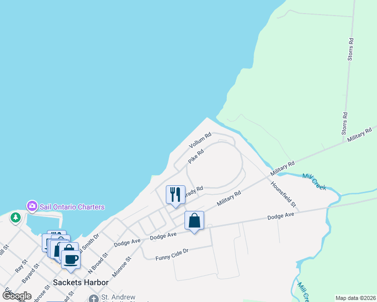 map of restaurants, bars, coffee shops, grocery stores, and more near 133 Vollum Road in Sackets Harbor