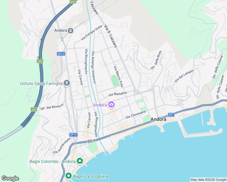 map of restaurants, bars, coffee shops, grocery stores, and more near Via Piana di Merula in Marina di Andora