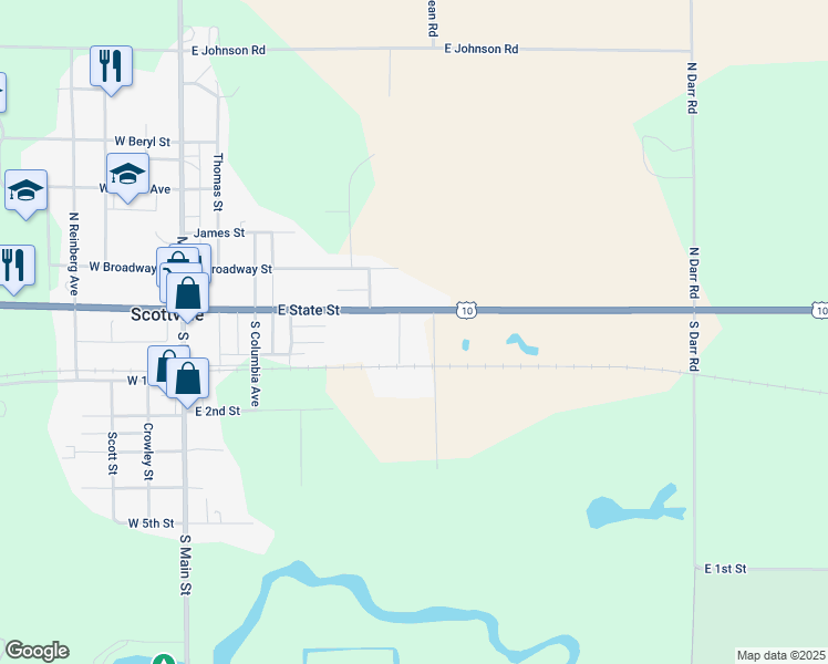 map of restaurants, bars, coffee shops, grocery stores, and more near 510 East State Street in Scottville