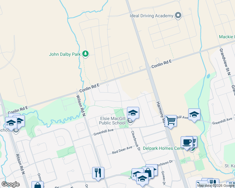 map of restaurants, bars, coffee shops, grocery stores, and more near 1954 Riverton Street in Oshawa
