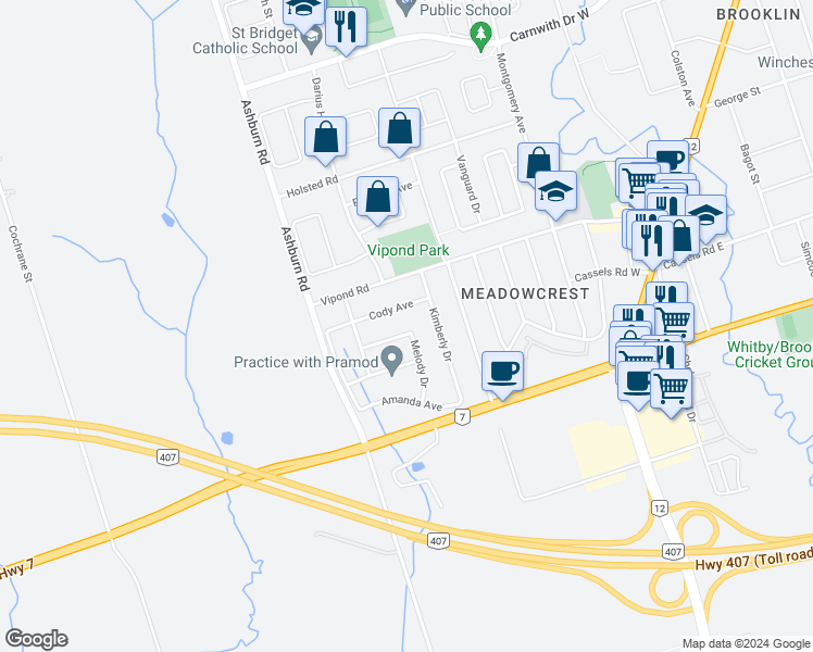 map of restaurants, bars, coffee shops, grocery stores, and more near 45 Melody Drive in Whitby