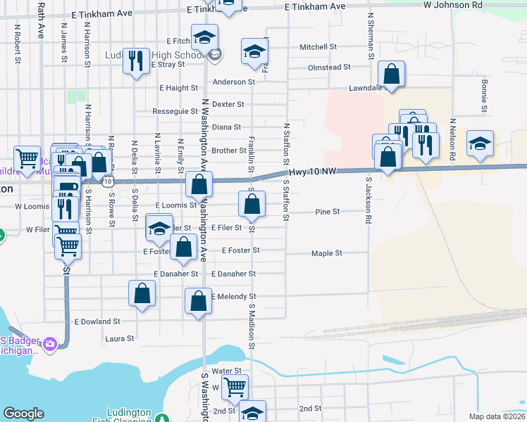 map of restaurants, bars, coffee shops, grocery stores, and more near 804 East Loomis Street in Ludington