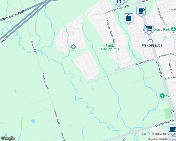 map of restaurants, bars, coffee shops, grocery stores, and more near 570 Windfields Farm Drive West in Oshawa