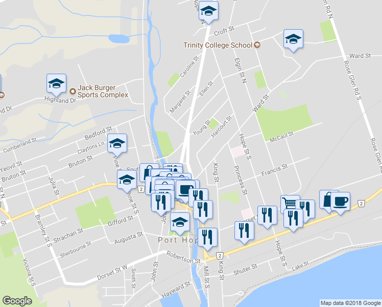 map of restaurants, bars, coffee shops, grocery stores, and more near 85 Mill Street North in Port Hope
