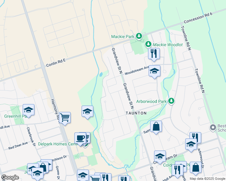 map of restaurants, bars, coffee shops, grocery stores, and more near 1224 Ronald Inche Drive in Oshawa