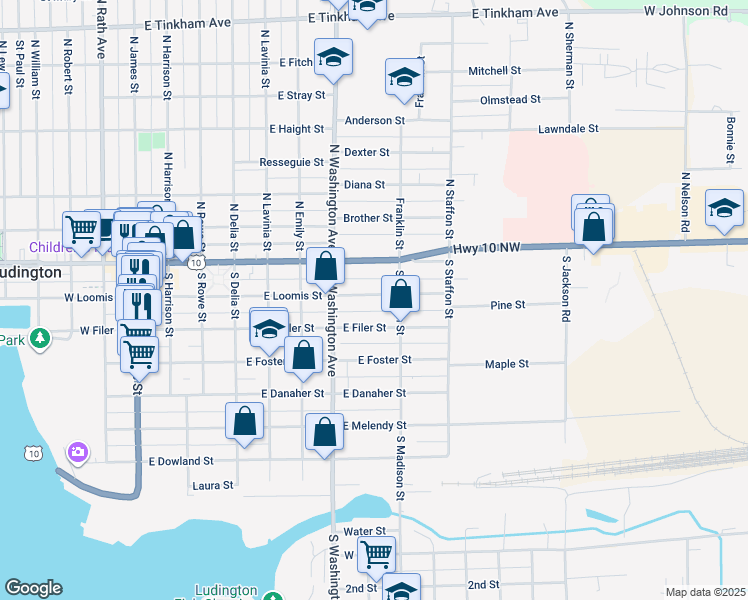 map of restaurants, bars, coffee shops, grocery stores, and more near 716 East Loomis Street in Ludington