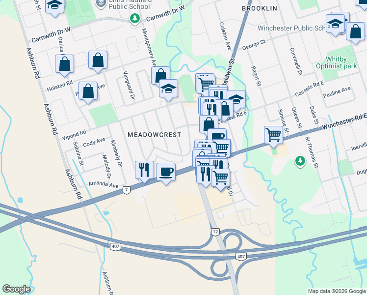 map of restaurants, bars, coffee shops, grocery stores, and more near 21 Montgomery Avenue in Whitby