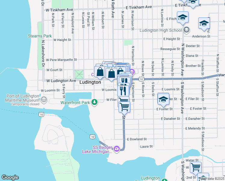 map of restaurants, bars, coffee shops, grocery stores, and more near 208 South Rath Avenue in Ludington