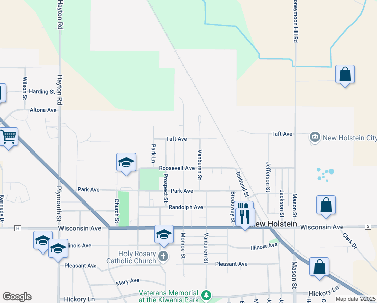 map of restaurants, bars, coffee shops, grocery stores, and more near 2323 Monroe Street in New Holstein