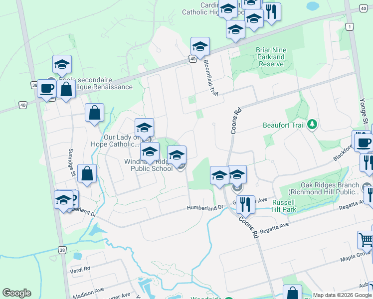 map of restaurants, bars, coffee shops, grocery stores, and more near 51 Red Cardinal Trail in Richmond Hill
