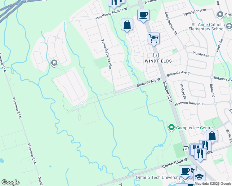 map of restaurants, bars, coffee shops, grocery stores, and more near Britannia Avenue West in Oshawa