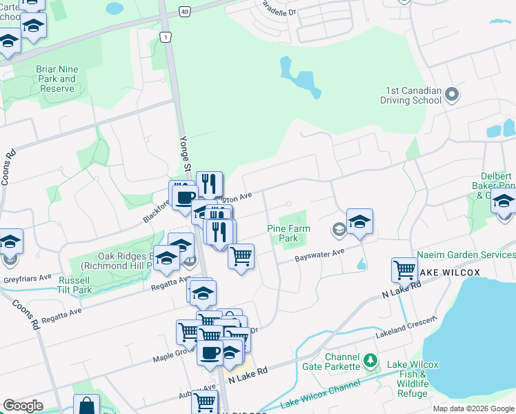 map of restaurants, bars, coffee shops, grocery stores, and more near 59 Coates Crescent in Richmond Hill