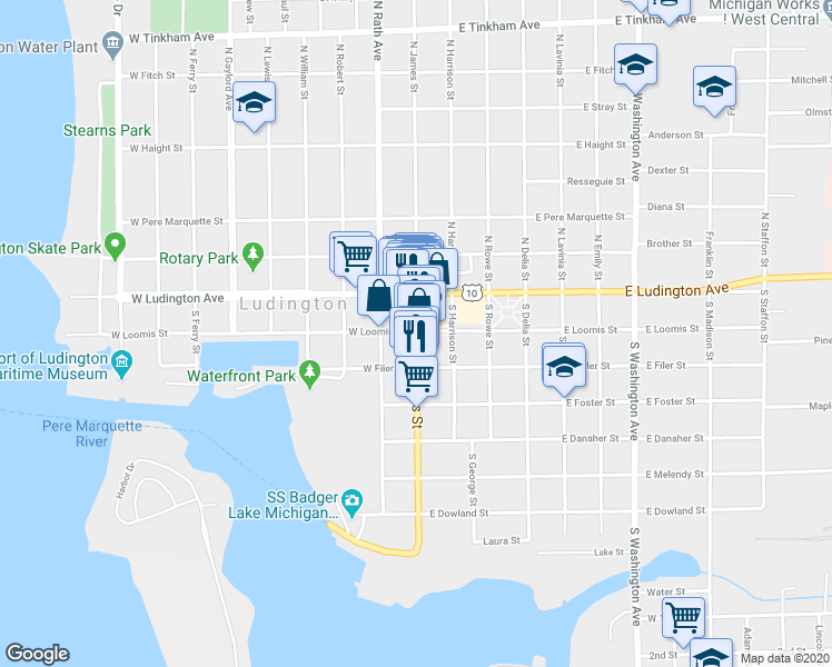 map of restaurants, bars, coffee shops, grocery stores, and more near 204 South James Street in Ludington