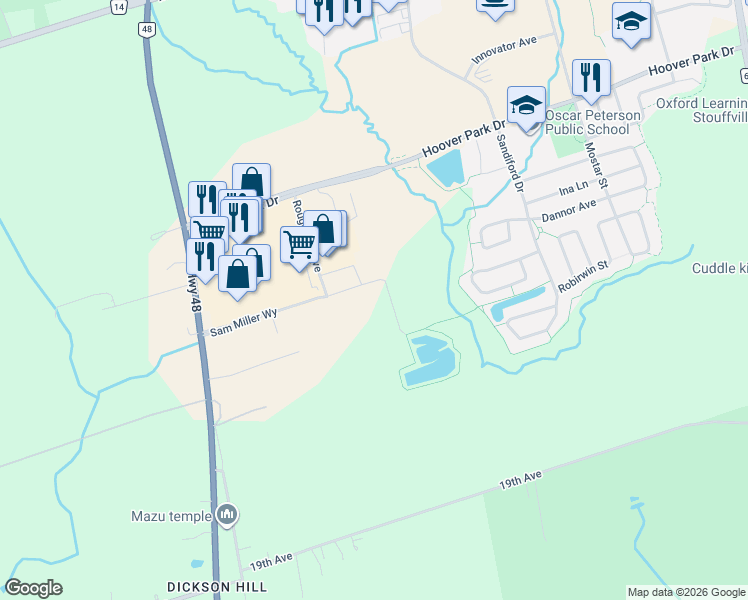 map of restaurants, bars, coffee shops, grocery stores, and more near 211 Sam Miller Way in Whitchurch-Stouffville