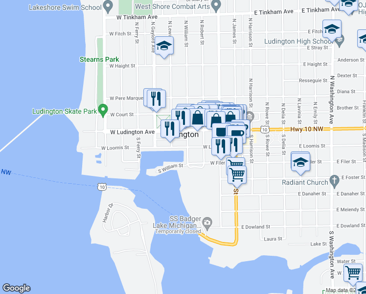 map of restaurants, bars, coffee shops, grocery stores, and more near 404 West Loomis Street in Ludington
