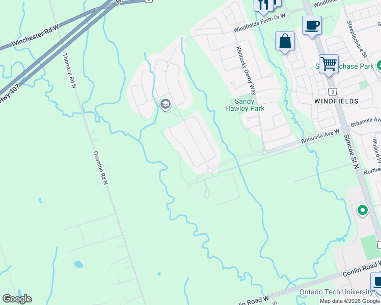 map of restaurants, bars, coffee shops, grocery stores, and more near 2369 Dress Circle Crescent in Oshawa
