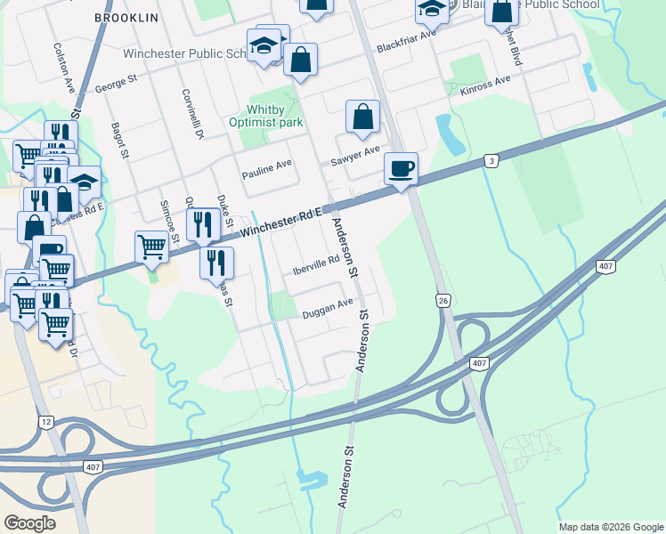 map of restaurants, bars, coffee shops, grocery stores, and more near 9 Iberville Road in Whitby