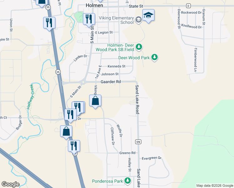 map of restaurants, bars, coffee shops, grocery stores, and more near 312 East Gaarder Road in Holmen