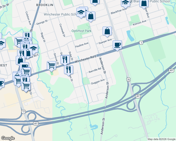 map of restaurants, bars, coffee shops, grocery stores, and more near in Whitby