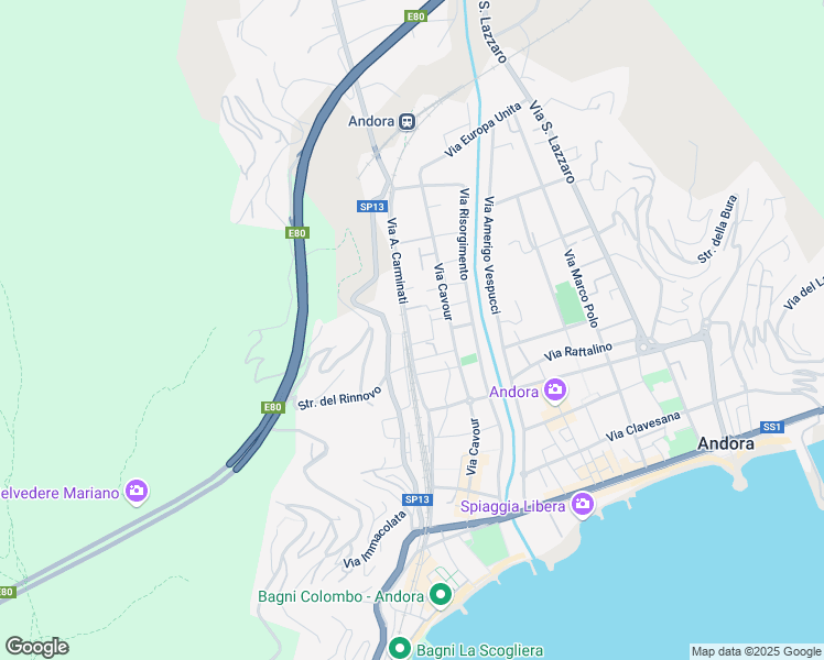 map of restaurants, bars, coffee shops, grocery stores, and more near 134 Via A. Carminati in Marina di Andora