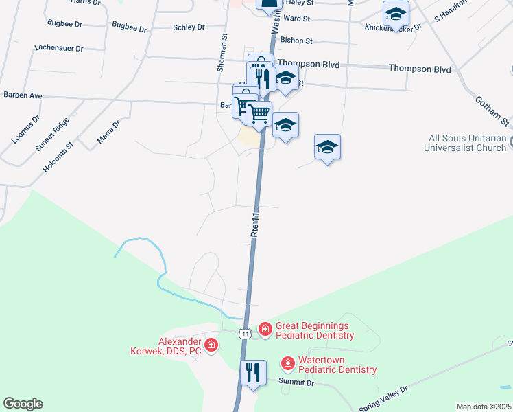 map of restaurants, bars, coffee shops, grocery stores, and more near 1398 Washington Street in Watertown