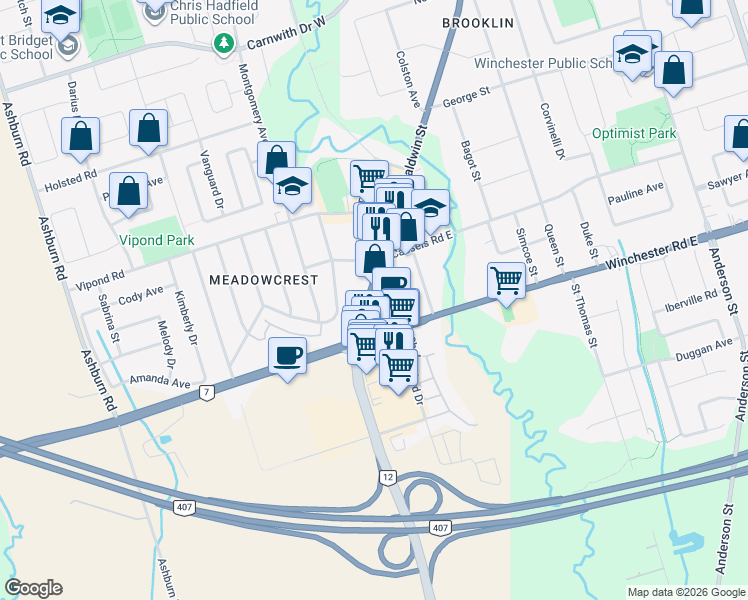 map of restaurants, bars, coffee shops, grocery stores, and more near 17 Baldwin Street North in Whitby