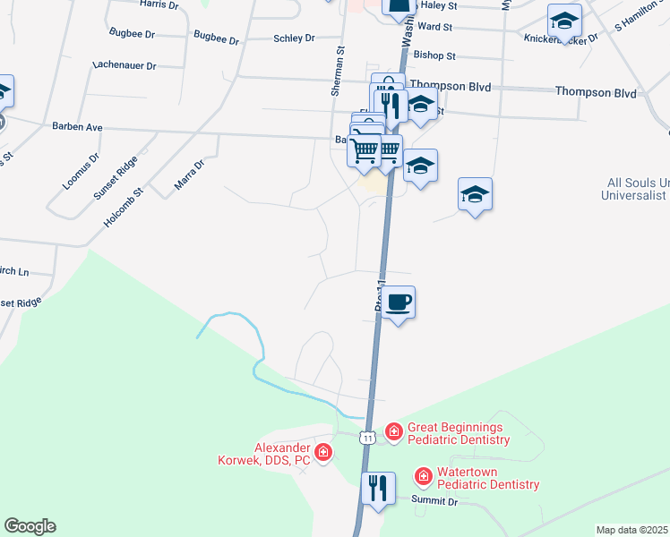 map of restaurants, bars, coffee shops, grocery stores, and more near 212 West Iroquois Avenue in Watertown
