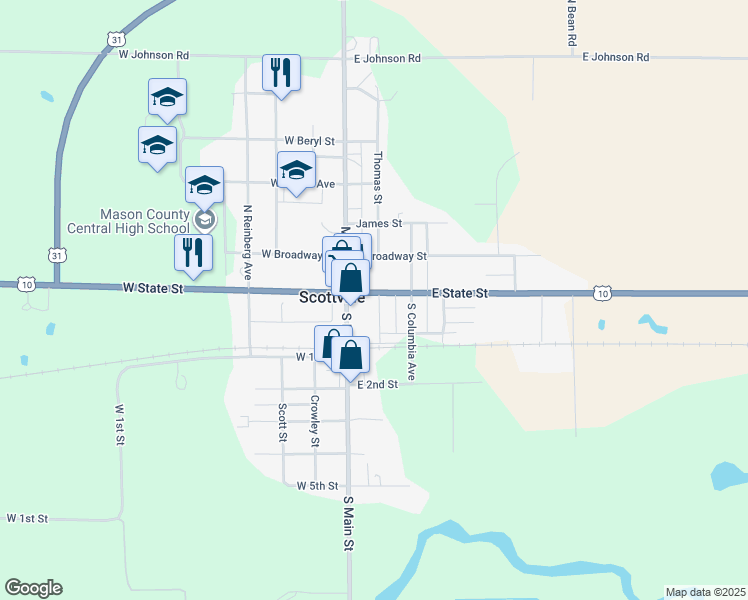 map of restaurants, bars, coffee shops, grocery stores, and more near 110 East State Street in Scottville
