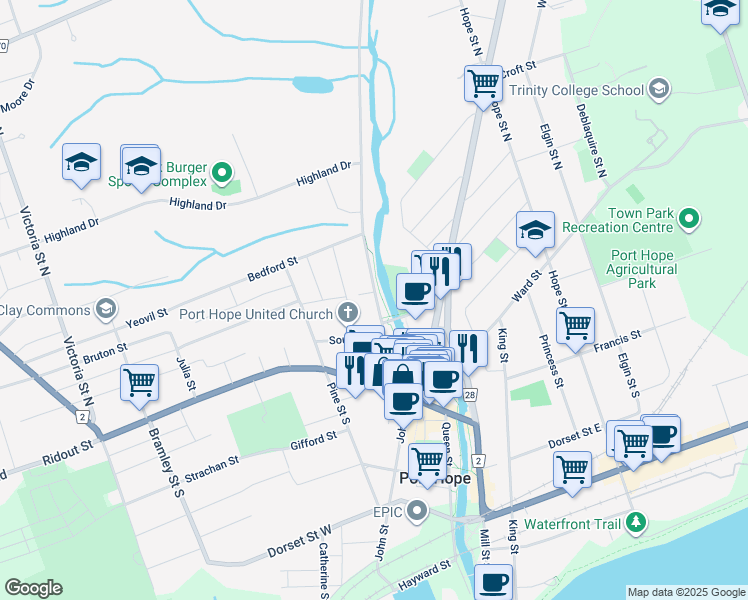 map of restaurants, bars, coffee shops, grocery stores, and more near 74 Cavan Street in Port Hope