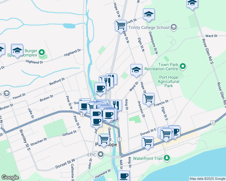 map of restaurants, bars, coffee shops, grocery stores, and more near 85 Mill Street North in Port Hope