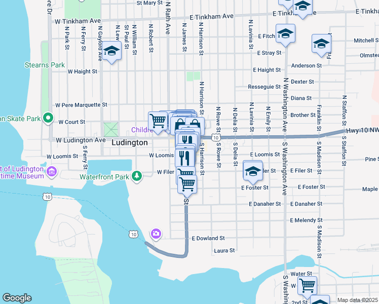 map of restaurants, bars, coffee shops, grocery stores, and more near 204 South James Street in Ludington