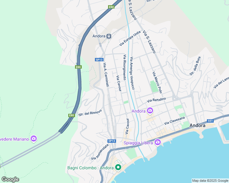 map of restaurants, bars, coffee shops, grocery stores, and more near 134 Via A. Carminati in Marina di Andora