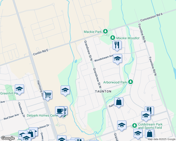 map of restaurants, bars, coffee shops, grocery stores, and more near 1243 Ronald Inche Drive in Oshawa