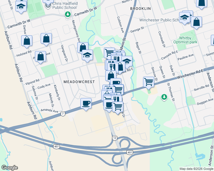 map of restaurants, bars, coffee shops, grocery stores, and more near 20 Baldwin Street in Whitby