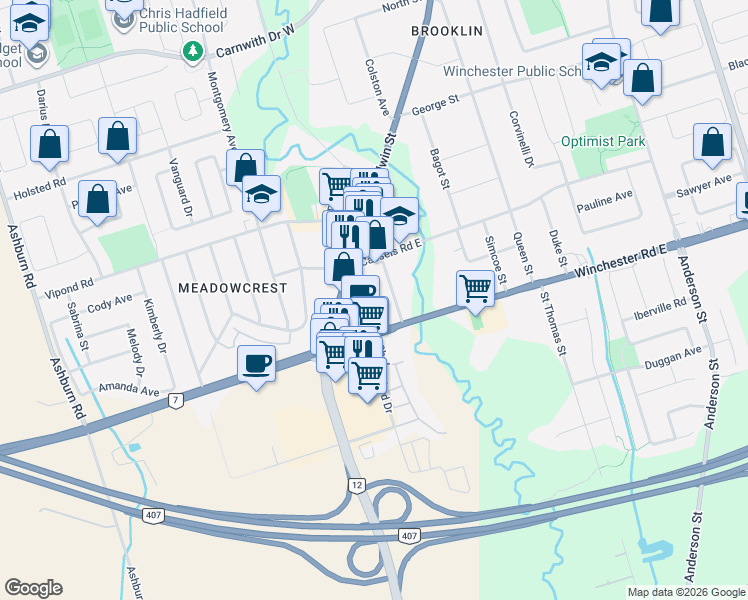 map of restaurants, bars, coffee shops, grocery stores, and more near 11 Durham Street in Whitby