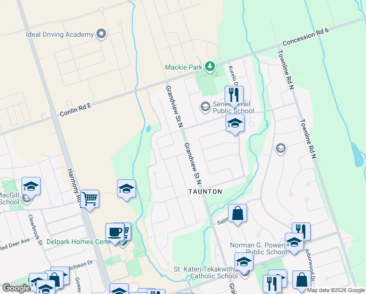 map of restaurants, bars, coffee shops, grocery stores, and more near 1870 Grandview Street North in Oshawa
