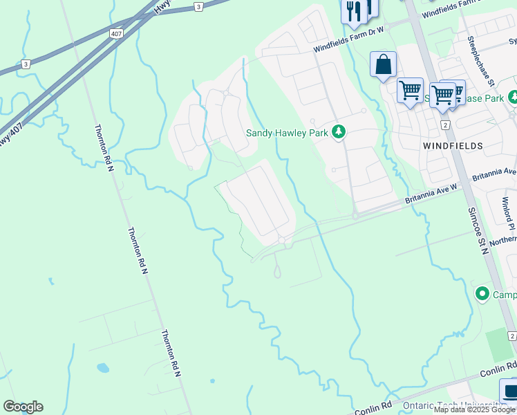map of restaurants, bars, coffee shops, grocery stores, and more near 570 Windfields Farm Drive West in Oshawa