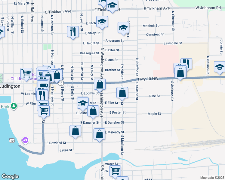 map of restaurants, bars, coffee shops, grocery stores, and more near 716 East Loomis Street in Ludington