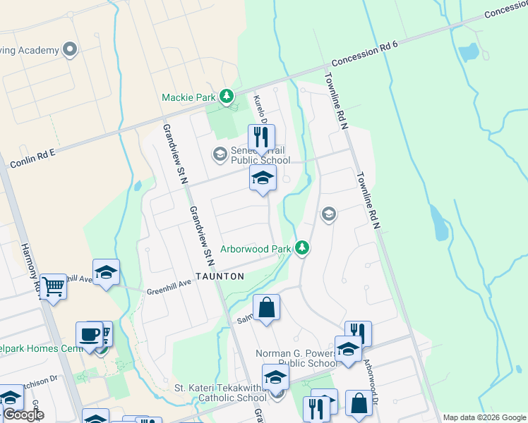 map of restaurants, bars, coffee shops, grocery stores, and more near 1380 Wallig Avenue in Oshawa