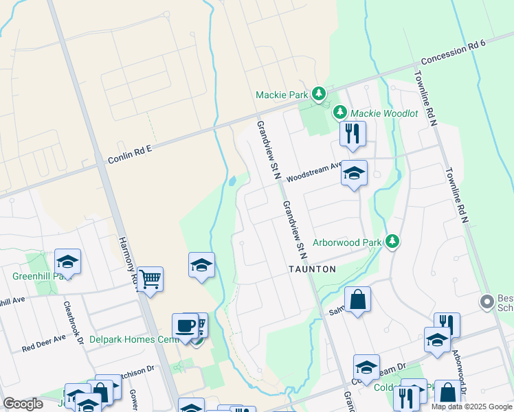 map of restaurants, bars, coffee shops, grocery stores, and more near 1224 Ronald Inche Drive in Oshawa