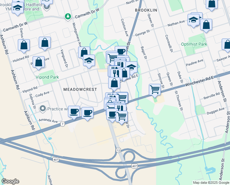 map of restaurants, bars, coffee shops, grocery stores, and more near 12 Winchester Road East in Whitby