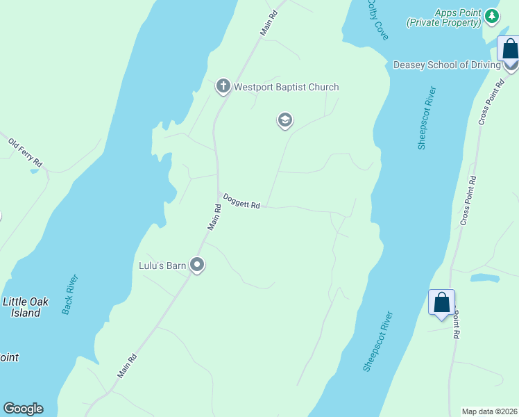 map of restaurants, bars, coffee shops, grocery stores, and more near 27 Doggett Road in Westport Island