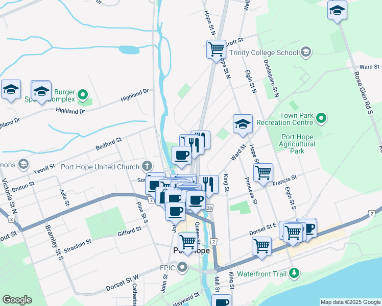 map of restaurants, bars, coffee shops, grocery stores, and more near 34 Barrett Street in Port Hope