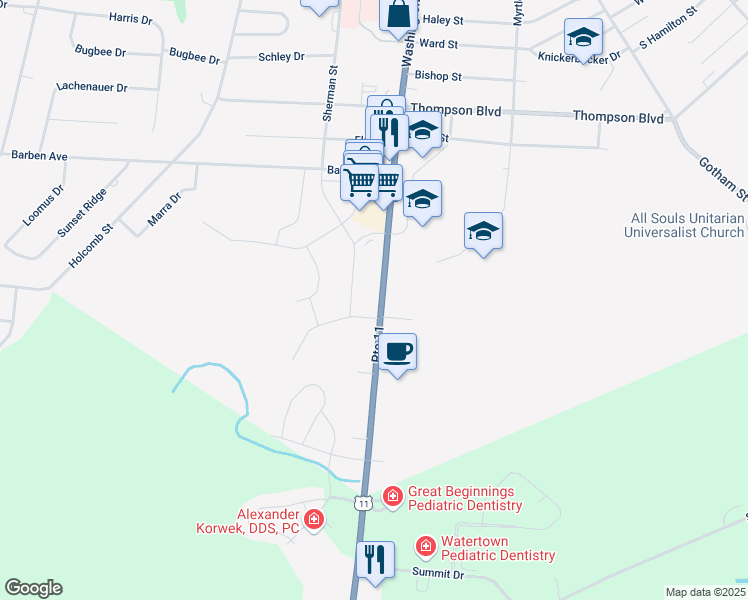 map of restaurants, bars, coffee shops, grocery stores, and more near 1376 Washington Street in Watertown
