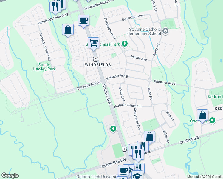 map of restaurants, bars, coffee shops, grocery stores, and more near in Oshawa